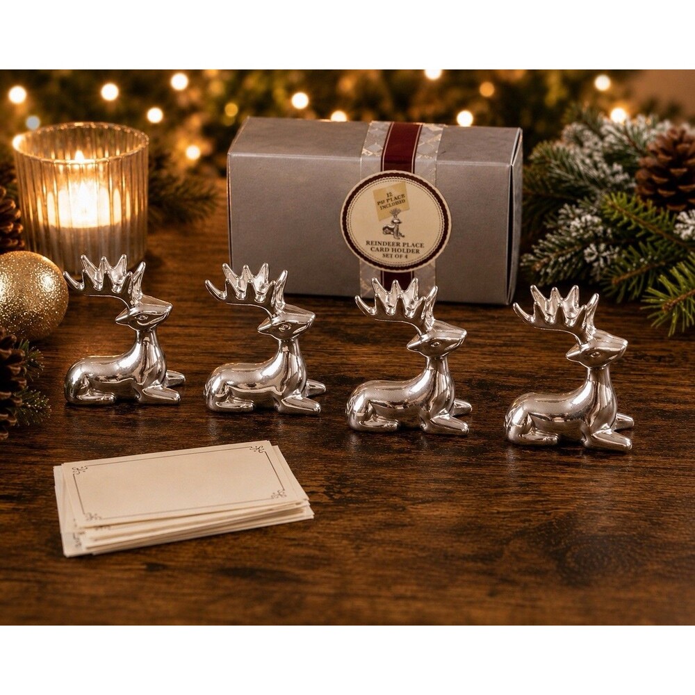 VTG Silver Plated Reindeer Place Card Holders Set of 4 with Blank Placecards